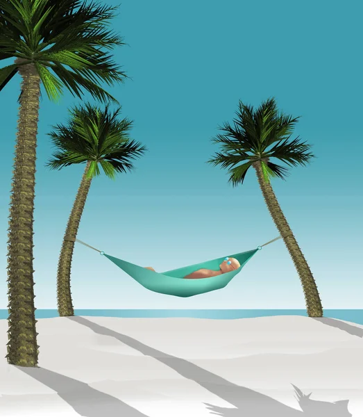 Ось Тривимірна Ілюстрація Чоловіка Лежить Гамаку Між Двома Маленькими Пальмами — стокове фото