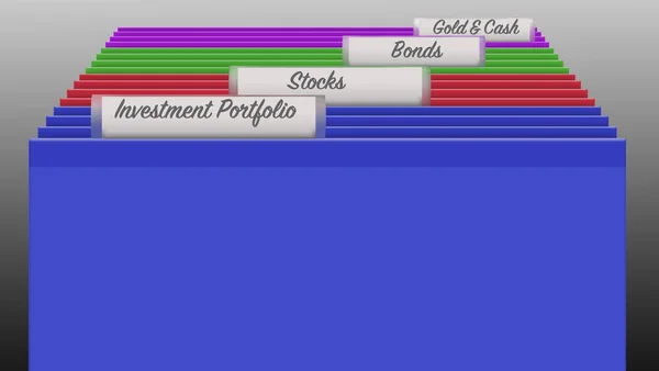 Colorful file folders with labels show a person\'s record keeping regarding an investment portfolio. Tabs include stocks, bonds and cash. This is an illustration.