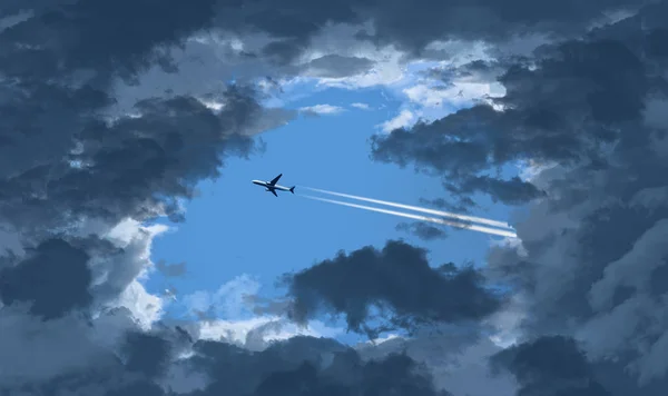 Avion Ligne Réaction Est Travers Une Ouverture Dans Les Nuages — Photo