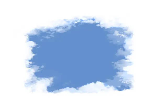 白いふわふわの雲は 澄んだ青い空のグラフィック要素またはテキストの配置場所を明らかに開口部を囲みます イラストです — ストック写真