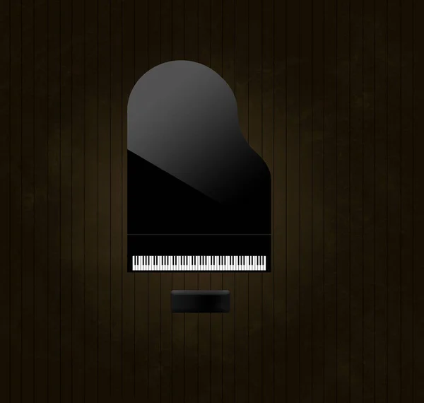 A black grand piano reflecting soft highlights is seen from above on an aged and distressed wooden stage floor. Keyboard gleams from the surrounding dark tones.  This is an illustration.