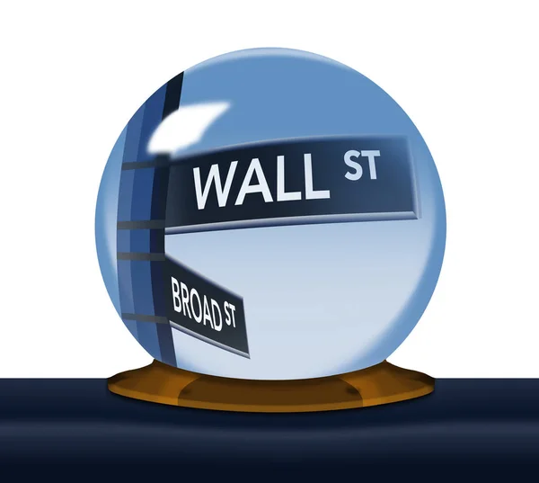 ウォール街 道路標識は 株式市場についてこの画像で占い師の水晶玉の中の焦点に入ってくる イラストです — ストック写真
