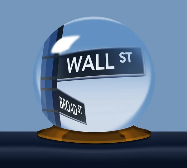 ウォール街 道路標識は 株式市場についてこの画像で占い師の水晶玉の中の焦点に入ってくる イラストです — ストック写真