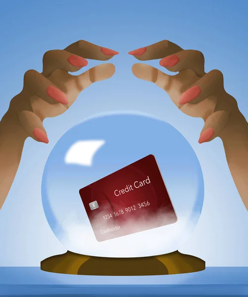 A credit card comes into focus inside a fortune teller\'s crystal ball in this image about choosing the right credit card. A card that will work in your future. This is an illustration.