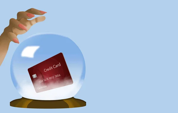 A credit card comes into focus inside a fortune teller\'s crystal ball in this image about choosing the right credit card. A card that will work in your future. This is an illustration.