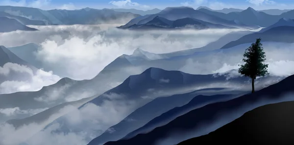 Вид Густого Тумана Долинах Горах Оттенках Синего Выходящего Тумана Переднем — стоковое фото