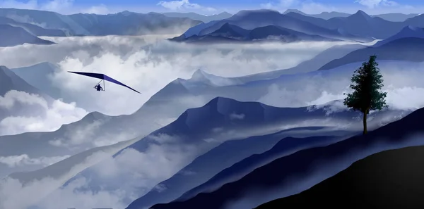 Вид Густого Тумана Долинах Горах Оттенках Синего Выходящего Тумана Человек — стоковое фото