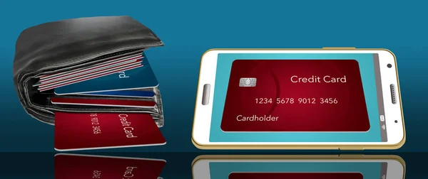A wallet, fat with credit cards is shown next to credit cards on a cell phone. Illustrates how to get rid of cards by putting them on a cell phone and using near field communications to tap and pay. This is an illustration.