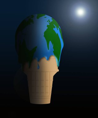 Küresel ısınma ile eriyen bir dondurma külahı resimli ve dondurma da Dünya'nın bir harita gibi görünüyor. Bu bir örnektir.