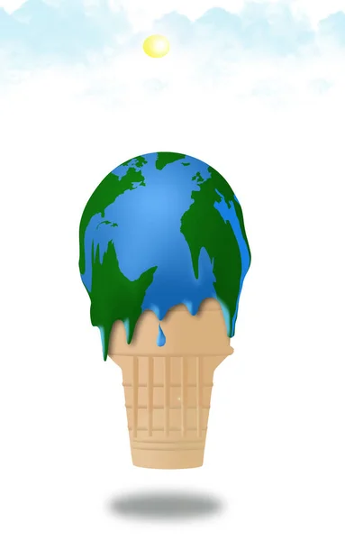 Global warming is illustrated with a melting ice cream cone and the ice cream appears to also be a globe map of earth. This is an illustration.