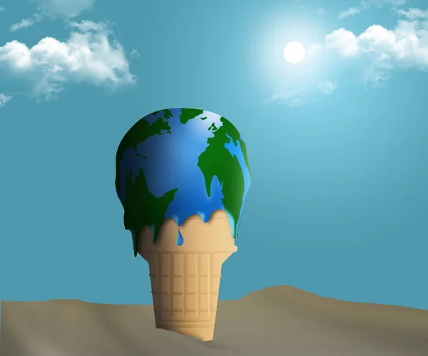 Global warming is illustrated with a melting ice cream cone and the ice cream appears to also be a globe map of earth. This is an illustration.