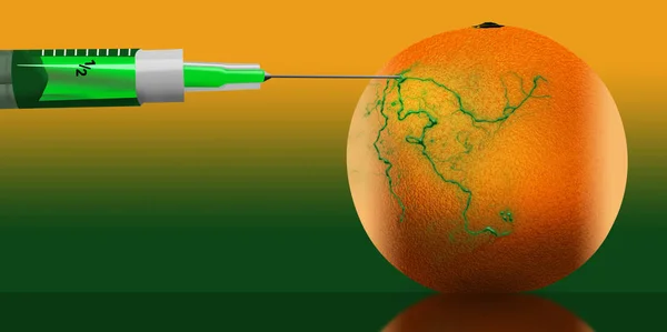 The idea of genetically and chemically engineered food and plants is illustrated with syringes injecting and changing the color of citrus fruit. This is an illustration.