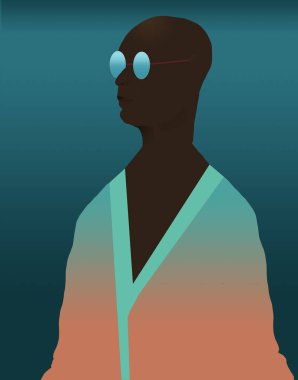 Here is an African American person in a robe that is beachwear. This is an illustration.