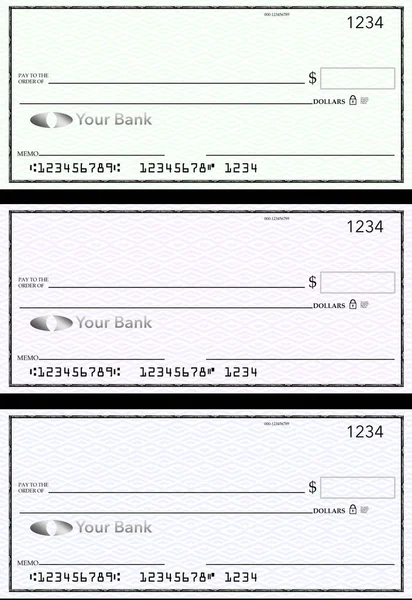 Cheques Bancarios Genéricos Blanco Tres Ellos Diferentes Colores Están Aislados —  Fotos de Stock