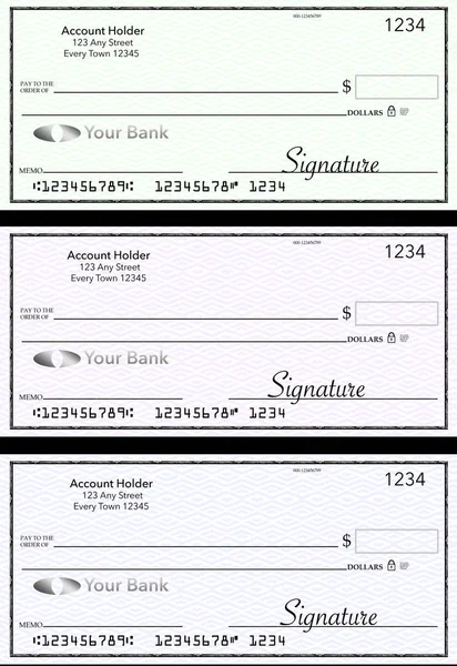 Cheques Bancarios Genéricos Blanco Tres Ellos Diferentes Colores Están Aislados — Foto de Stock