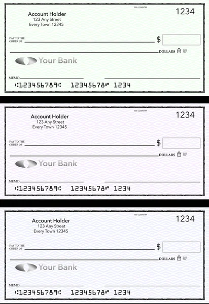 Cheques Bancarios Genéricos Blanco Tres Ellos Diferentes Colores Están Aislados —  Fotos de Stock