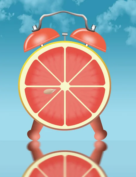Comer cítricos para el desayuno se ilustra con una rebanada de pomelo representado como la cara de un reloj despertador . —  Fotos de Stock