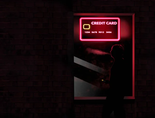 クレジット カードのように見えるネオンサインは ウィンドウで夜の怪しげな文字が近くにたむろ テーマ 新しいクレジット カードのための買い物に注意します イラストです — ストック写真