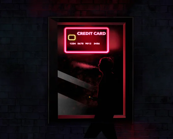 クレジット カードのように見えるネオンサインは ウィンドウで夜の怪しげな文字が近くにたむろ テーマ 新しいクレジット カードのための買い物に注意します イラストです — ストック写真