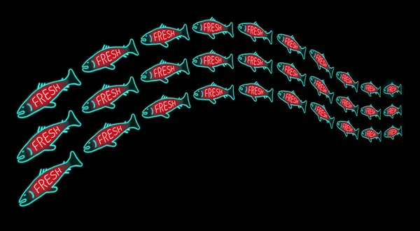 輝くネオンサインは 単語の新鮮な魚とシーフードの図でこのページの水泳大きい学校を示しています これは食べ物イラストです — ストック写真