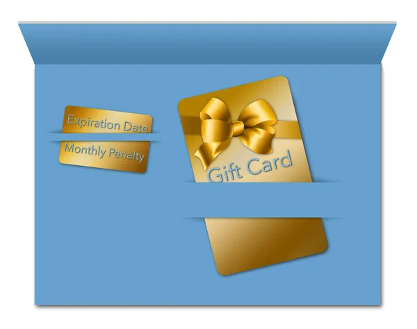 Gift cards come with terms and conditions and that is the theme of this image. A gift card is seen next to a smaller card that notes some of the fees and deadlines for using the card.  This is an illustration.