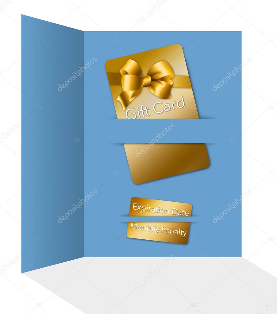 Gift cards come with terms and conditions and that is the theme of this image. A gift card is seen next to a smaller card that notes some of the fees and deadlines for using the card.  This is an illustration.