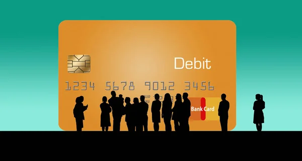 A silhouetted crowd of people huddle around a huge debit/credit card as if to admire the new offering to the credit card family. This is an illustration.