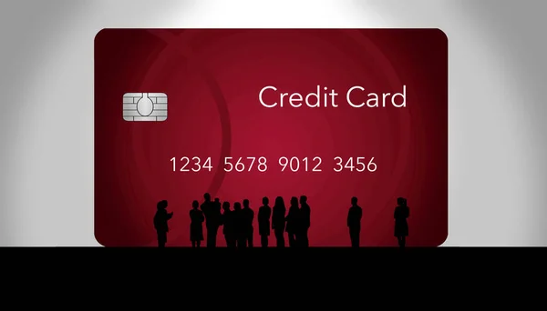 Uma Multidão Silhueta Pessoas Aconchega Torno Enorme Cartão Débito Crédito — Fotografia de Stock