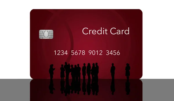 A silhouetted crowd of people huddle around a huge debit/credit card as if to admire the new offering to the credit card family. This is an illustration.