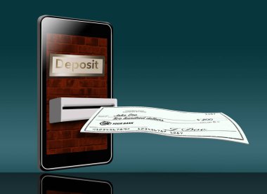 Bir cep telefonu bir onay bu çizimdeki bankaya yatırmak için kullanılıyor. Bir telefon bir gece kasası gibi kullanılabilir. Bu bir örnektir