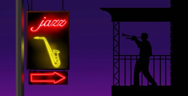 Трубач Тренируется Балконе Время Неоновый Знак Направляет Любителей Музыки Джаз — стоковое фото
