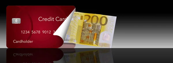 Credit Card Peeled Back Reveal Two Hundred Euro Bill Illustrates — Stock Photo, Image