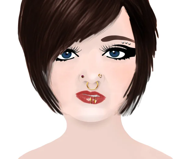 Piękna Młoda Kobieta Jest Postrzegana Metalicznym Piercing Jej Nos Wargi — Zdjęcie stockowe