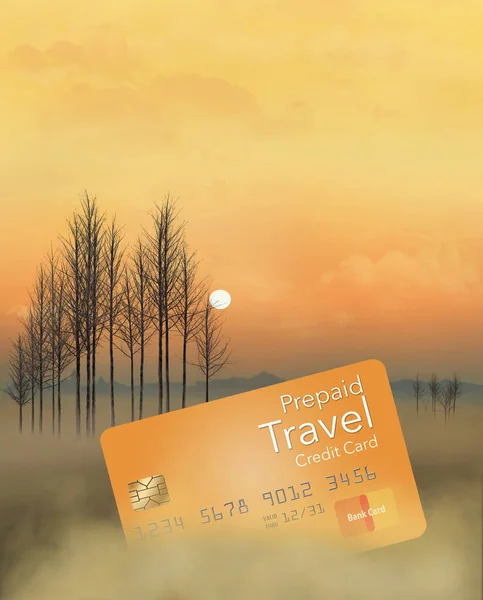 Prepaid Travel Credit Card Seen Meadow Sunrise Trees Fog Sky — Stock Photo, Image