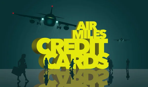 Air rewards, air miles reward credit cards are the subject. The words air miles credit cards is surrounded by business travelers and airplanes. This is an illustration