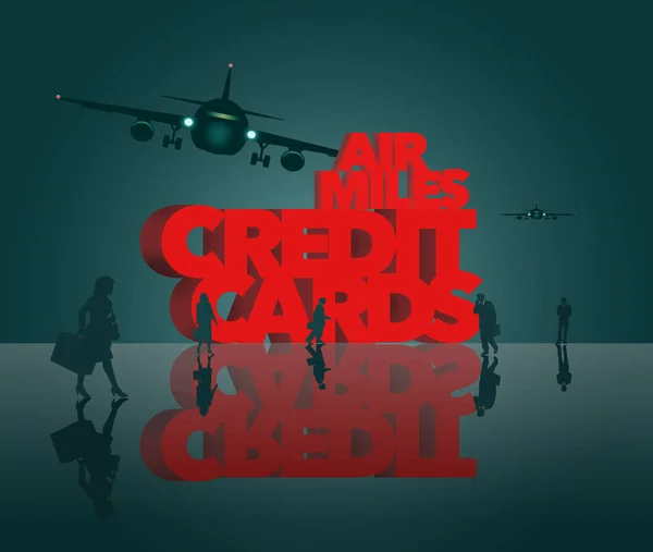 Air rewards, air miles reward credit cards are the subject. The words air miles credit cards is surrounded by business travelers and airplanes. This is an illustration