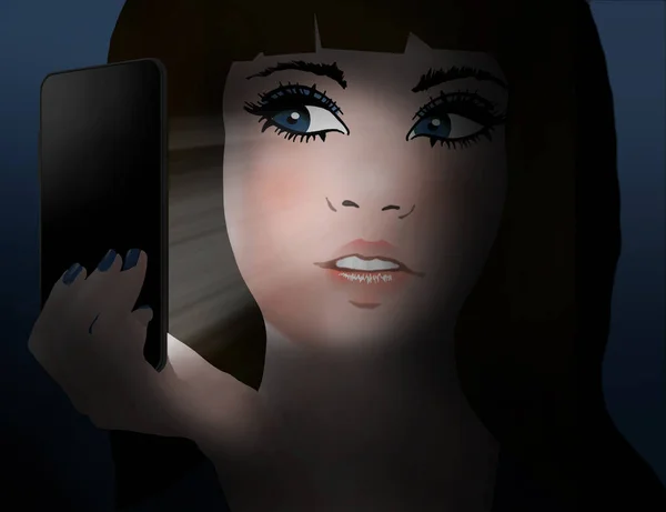 Ein Teenie-Mädchen blickt auf ihr Handy, das das Licht aussendet — Stockfoto
