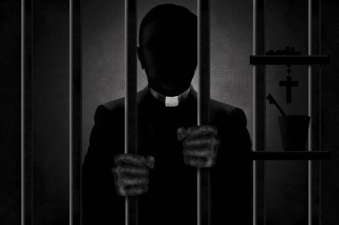 A Catholic priest identified by his clergyman collar is seen in silhouette behind bars with his filthy hands gripping the bars. He is in shadows and his face is in darkness. clipart