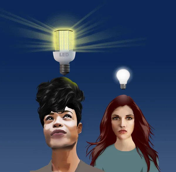 New Ideas--A modern LED light bulb shines brightly over the head of woman with a brilliant idea. The new bulb illustrates new ideas. Another person is seen with an old, not so bright bulb over her hea