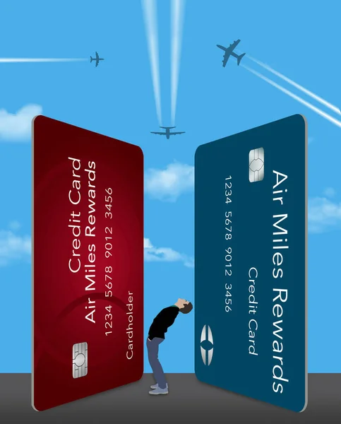 Muž se stáčí dozadu a dívá se na obří vzdušné míle odměny za kreditní karty a leteckou loď plující nad nimi. — Stock fotografie