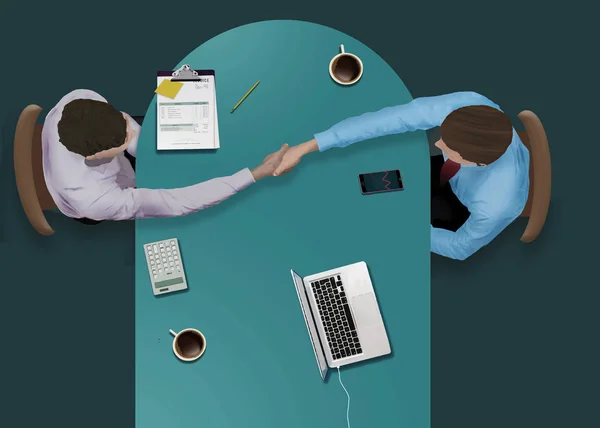 Gli uomini d'affari raggiungono un accordo e concludono con una stretta di mano in questa prospettiva dall'alto di loro che lavorano a un tavolo da conferenza. . — Foto Stock