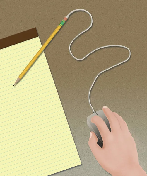 La mano di una persona aziona un mouse collegato a una matita in un'illustrazione sui vecchi modi contro la nuova tecnologia . — Foto Stock