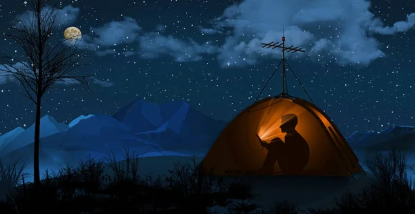A vadonban táborozó ül a sátor segítségével egy mobiltelefon. Ez azt mutatja, mi a függőség mobiltelefonok. — Stock Fotó