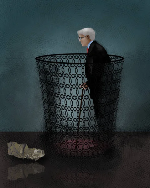 An older man with grey hair and a cane is seen inside a wastebasket in this illustration about the regard for older workers and elderly people.