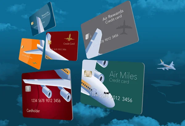 Six credit cards that offer air travel mileage rewards and perks are decorated with an image of an airplane that is seen from above flying high in the sky.