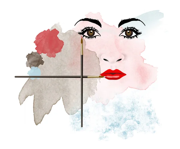 Aus dem Chaos kommt Schönheit ist das Thema dieser Illustration über unordentliches Make-up, das das Gesicht einer Frau in ein Kunstwerk verwandelt. — Stockfoto