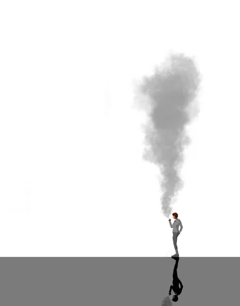 In deze illustratie over het roken of het vaping van sigaretten, een vrouw soezen een enorme pluim van rook. Een groot gebied voor tekst is aan de linkerkant. — Stockfoto