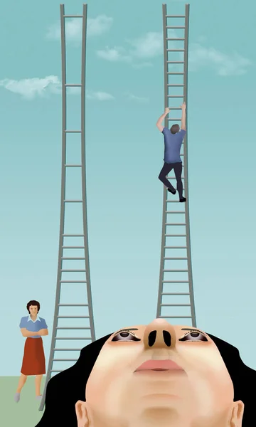 A woman's career ladder is compared to a man's.