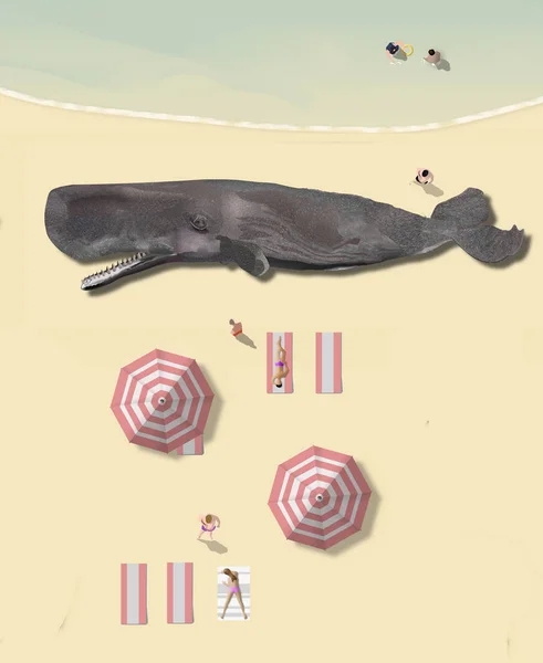 Мертвый кашалот лежит на пляже, но отдыхающие на пляже продолжают свой день на солнце, как будто ничего не изменилось вдоль этой береговой линии. . — стоковое фото
