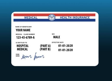 Burada bir sahte, jenerik, 2020 Medicare Sağlık Sigortası kartı. Bu kartta kelime Medicare kullanmaz ama gerçek bir Medicare kartı benzer. Sahte imza büyüleri: Lorem Ipsum